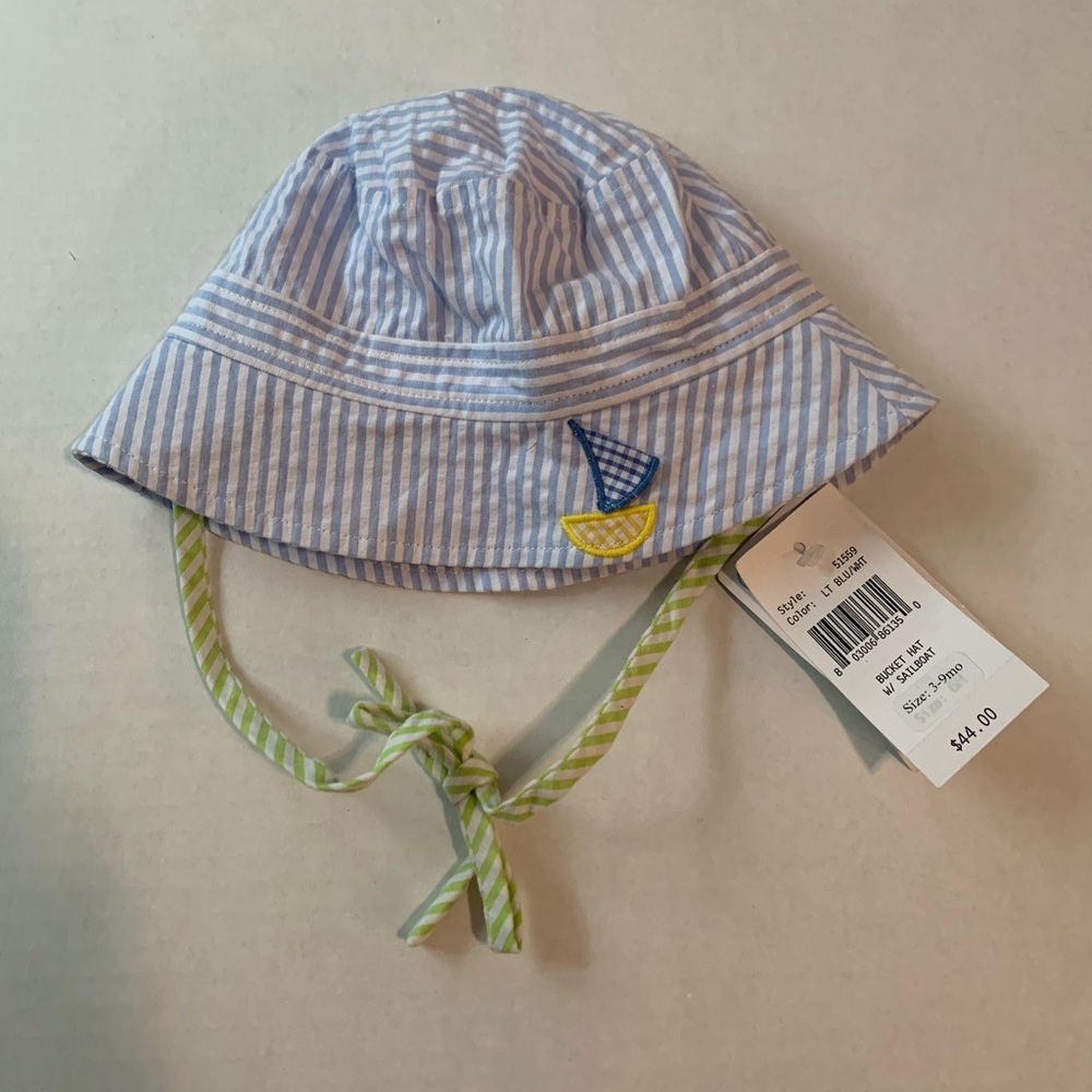 Florence Eiseman 3-9 months unisex Blue Striped Kids Sun Hat w/ sailboat. NWT